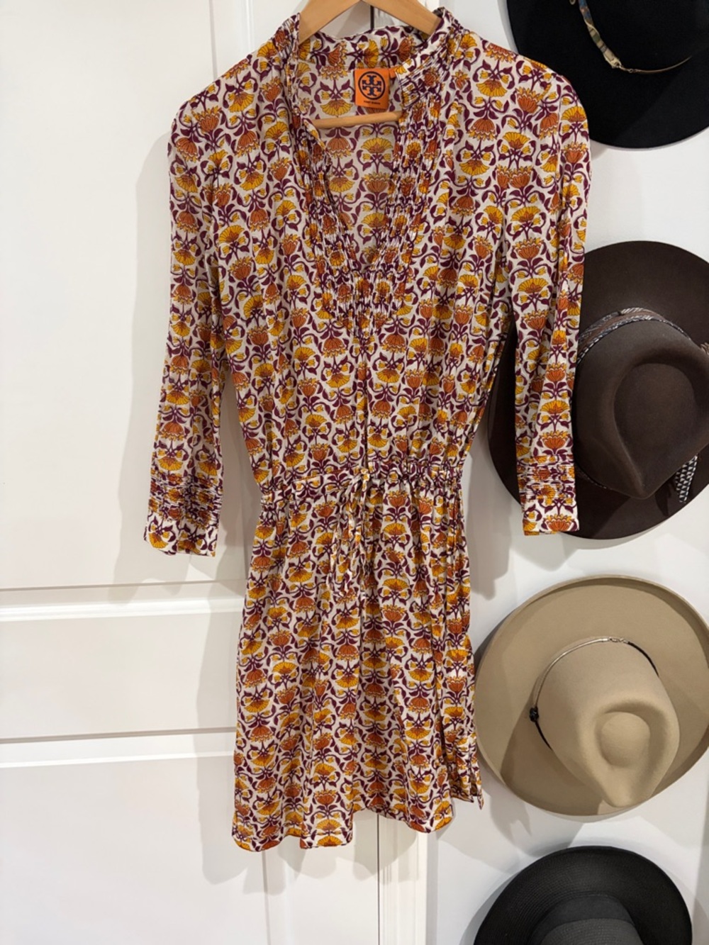 Tory Burch Yellow & Purple Floral Long-Sleeve Shirred-Waist Dress